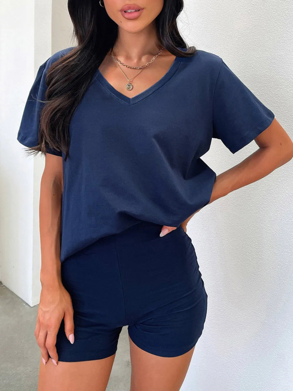 V-Neck Short Sleeve Top and Shorts Set