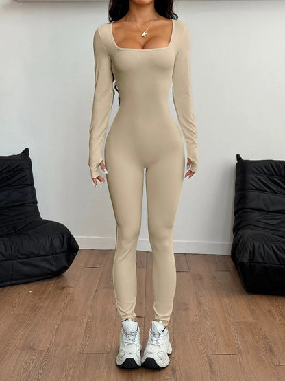 Square Neck Long Sleeve Active Jumpsuit