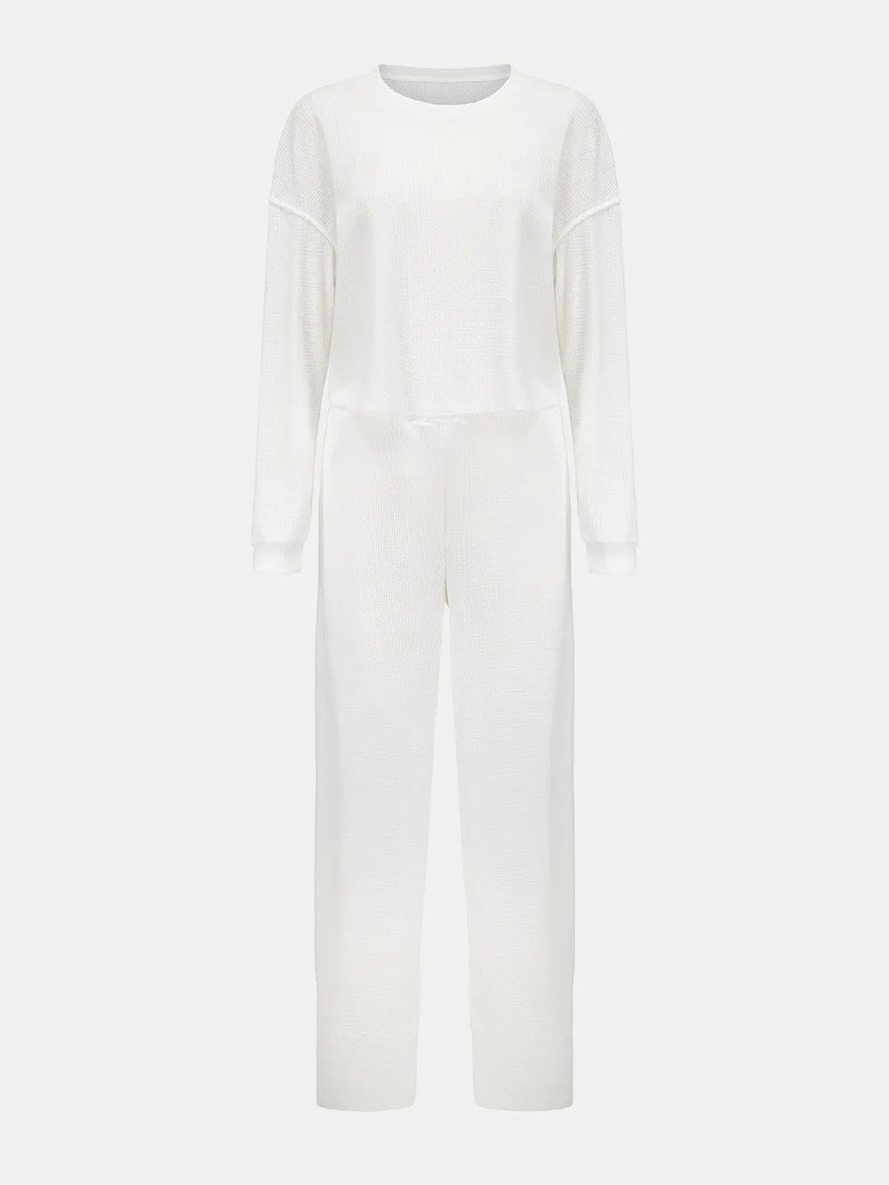 Waffle-Knit Round Neck Top and Pants Set