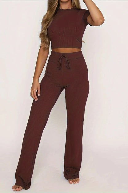 Round Neck Short Sleeve Top and Pants Set
